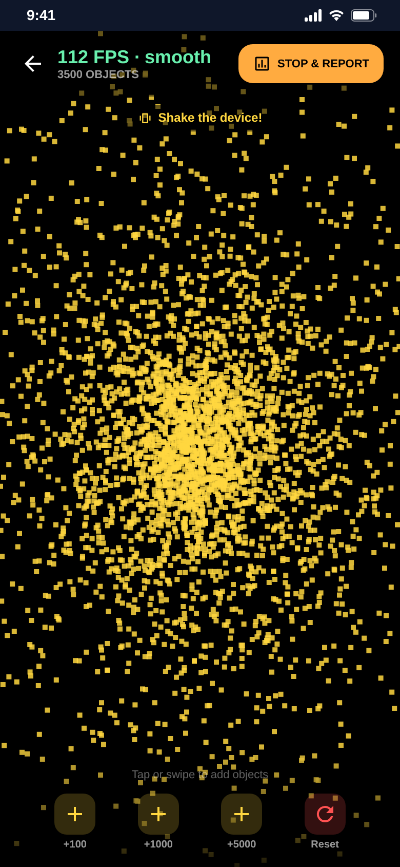 Swarm test scene: thousands of amber squares, 112 FPS rated smooth at 3,500 objects, with a hint to shake the device